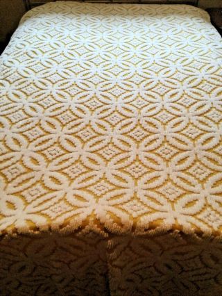 Vintage Yellow/gold And White Queen Size Chenille Bed Spread With Fringe Cotton