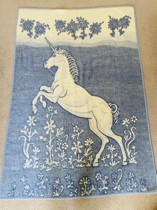 Vintage Biederlack Unicorn Blue Cream Acrylic Throw Blanket - 52x74