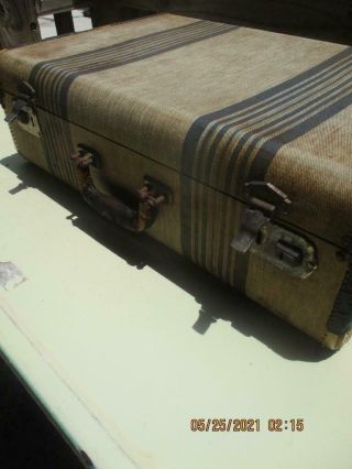 Vintage Tweed Striped 21 " Suitcase 1940s Old Luggage Antique Decor