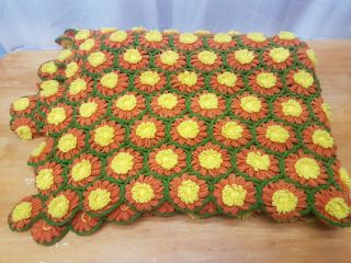 Vintage 1970s Hand Made Crochet Afghan Blanket Retro Groovy 3d Flower 85 " X 50 "