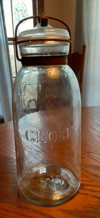 Antique Light Aqua 1/2 Gal.  Fruit Jar Globe Comp.  W/ Clamp & Glass Lid,