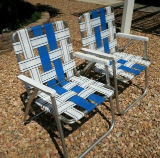 Set 2 Vtg Sunbeam Aluminum Blue White Webbed Folding Chairs Lawn Patio Camping
