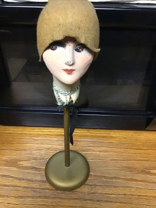 Antique Art Deco Flapper Doll Head Hat Stand Vintage Wood Stand