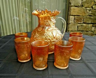 Antique Dugan Marigold Floral & Grape Water Set/pitcher & 6 Tumblers