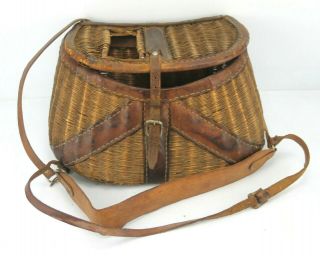 Antique Leather Trim Wicker Fly Fishing Creel W/ Straps