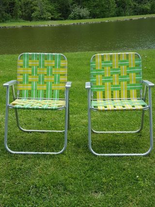 2 Vintage Folding Aluminum Lawn Beach Chairs Webbed Green,  Yellow,  & White Retro