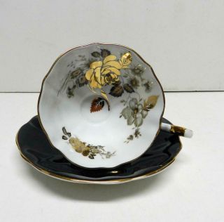 Queen Anne Footed Black Teacup&saucer Gold Roses &heavy Gold Trim Bone China Eng