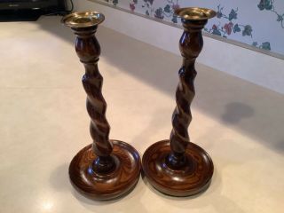Pair 2 Vtg Antique Tall Oak Barley Twist Candlesticks Holders W/ Brass Inserts