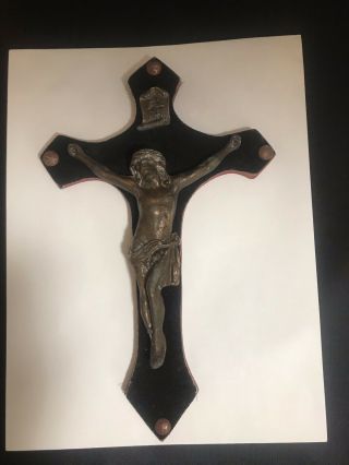 Antique French Bronze Crucifix,  Backed In Black Velvet,  Mounted On Wood.  12 " X 8 "