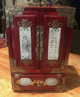 Antique Qing Dynasty Chinese Large Jewellery Box Cabinet Jade Panels Brass Bound