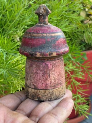 Antique Wooden Hand Crafted Red Painted Kumkum Powder Box Tikka Box Collectible