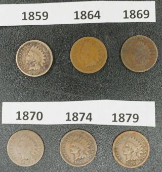 1859 1864 1869 1870 1874 1879 Indian Head One Cent Coins Range Ag - Vg
