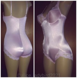 Vintage Olga Silky Pink Teddy Bodysuit Satin Panty Nylon Spandex Lace Bra 34 - 36