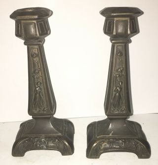 Antique Jennings Brothers Art Nouveau Bronze Candlesticks.