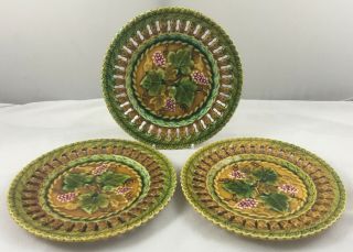 Antique Villeroy & Boch Schramberg Majolica 3 X Berries And Leaves Plates 20cm