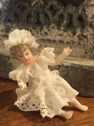 Antique Miniature German Dresden Porcelain W/ Lace Sitting Girl Figurine 2 "