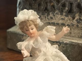 Antique Miniature German Dresden Porcelain w/ Lace Sitting Girl Figurine 2 