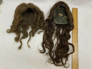 Two Old Brown Hh Human Hair Wigs For Vintage Antique Doll 13” & 14” (4)
