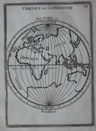 Antique Map World,  Eastern Hemisphere,  Lines Of Longitude,  Mallet 1683
