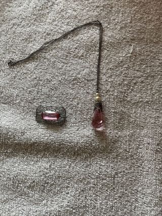 Antique Art Deco Sterling Silver Pink Tourmaline Necklace Pendant And Pin