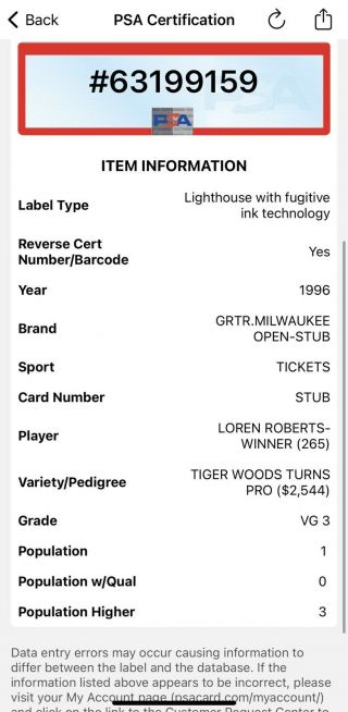 1996 Tiger Woods Pro Debut Greater Milwaukee Open GMO Ticket Stub PSA POP 1 4