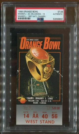 Psa Ticket Football 1988 Orange Bowl Miami Oklahoma National Championship