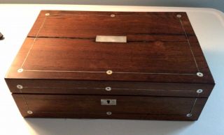 Antique Wood Lap Desk Lapdesk W.  Bone Inlay Box With Issues