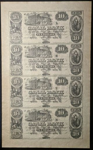 C1850 Uncut Sheet Of $10 Canal Bank Notes Obsolete Currency Orleans History