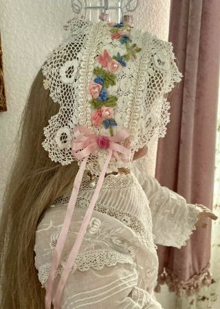 Antique Irish Lace Pink Silk Ribbon Roses For Large Antique French German Doll