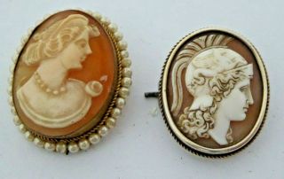 2 X Antique Vintage Carved Shell Cameo Brooches