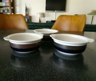 3 Vintage Arabia Finland Saara Lugged Cereal Bowls Blue Brown Mid Century Modern