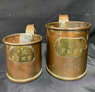 Victorian 2 Brass / Copper Measuring Jugs Tankards 1 Pint 1/2 Pint