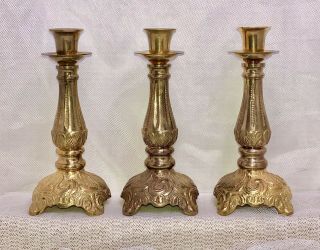 Set/3 Vtg Ornate 8” Brass Candlesticks Heavy Footed Taper Candle Holders India