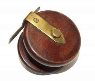 Antique 2 ¼” Nottingham wood & brass strap back reel with brass drum flange 3