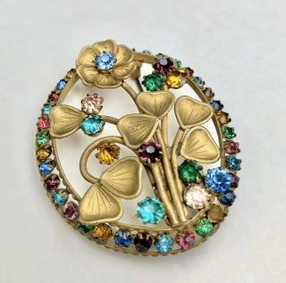Antique Vintage Art Nouveau Brass Czech Glass Floral Flower Domed Pin Brooch