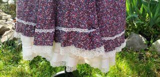Vintage 80s Jessica ' s Gunnies Gunne Sax Prairie Floral Calico Lace Midi Skirt 3