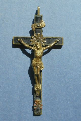 Antique Pectoral Rosary Crucifix Cross Brass Wood Skull Crossbones Pendant 5 "