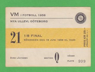 1958 Fifa World Cup Ticket 21 1/8 Finals Brazil Vs Soviet 2 - 0,  Pelé Wc Debut