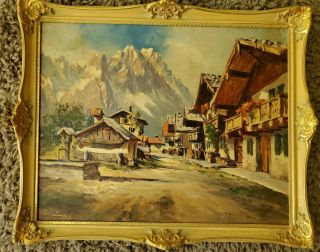 Vintage Oil Painting Garmisch Germany Alps Mountain Scene