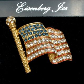 Rare Eisenberg Ice Flag Pin Rhinestone Patriotic Waving American Brooch