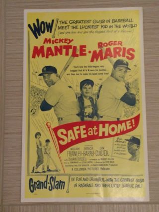 Mickey Mantle Roger Maris Rare Vintage Safe At Home Lobby Poster 14x22”