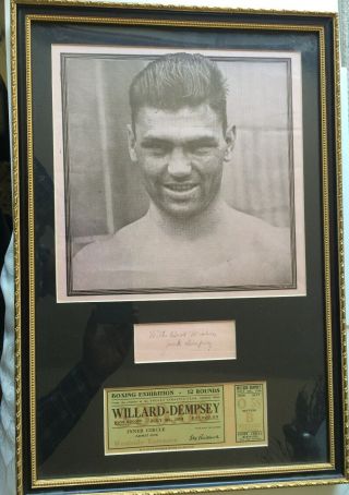 1919 Willard Vs Dempsey Full Ticket,  Dempsey Cut Signature Matted And Framed