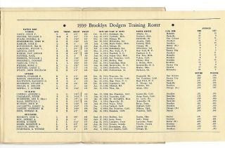 1939 Brooklyn Dodgers Spring Training Roster Media Guide - Baseball Centennial 2