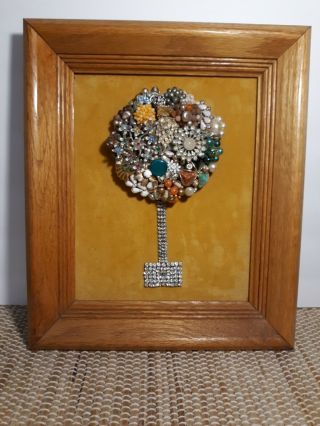 Assemblage Of Vintage Costume Jewelry,  Topiary Shape,  Framed Art Mixed Media