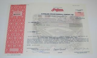 1999 Cleveland Indians Baseball Club Stock Certificate Class A Common Shares