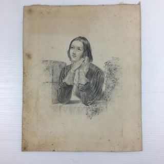 Antique Mid 19th Century Pencil Sketch / Drawing Of A Young Lady 24.  5cm X 20cm