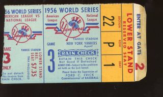 1956 World Series Ticket Stub Brooklyn Dodgers At York Yankees Game 3