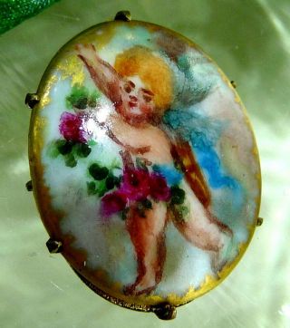 Victorian Hand Painted Porcelain Cherub Angel Miniature Portrait Pin Brooch