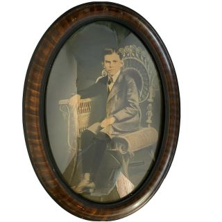 Antique Bubble Glass Frame Oval With B&w Boy Picture Decoration Creepy Vintage