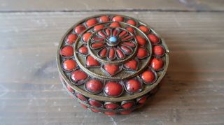 Antique Silver Red Sea Coral And Turquoise Trinket Jar 3 Inches